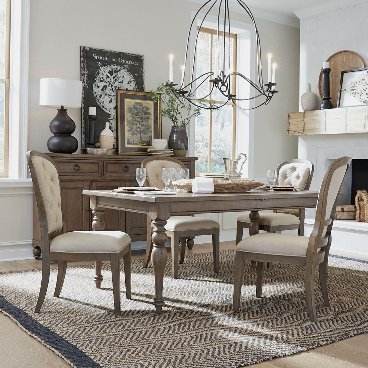Farmhouse table store with tufted chairs